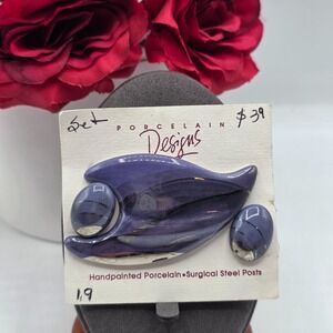 Porcelain Designs Handpainted Brooch‎ & Earrings Set Purple Surgical Steel New
